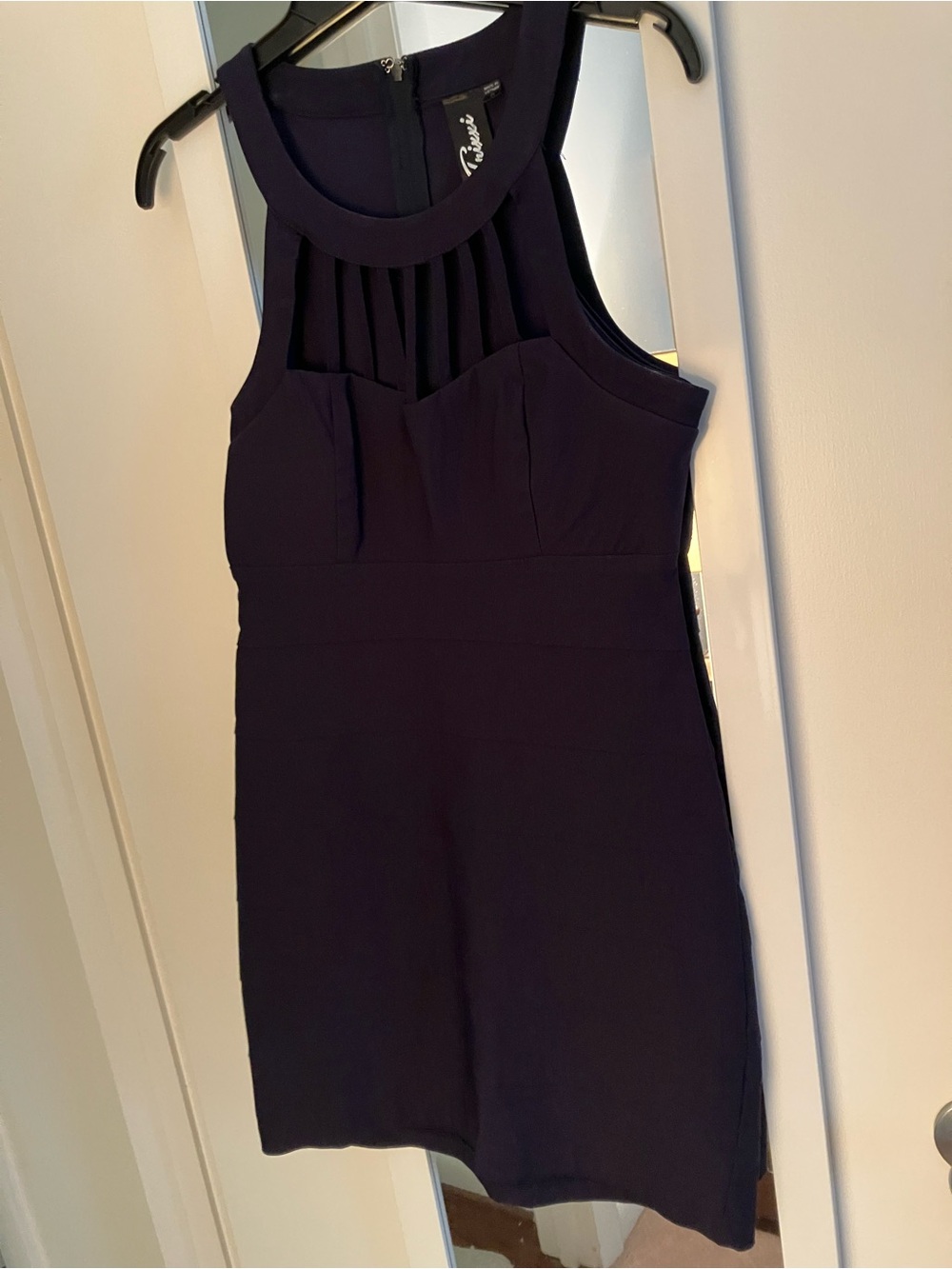 Women's Navy Pleated Yoke Sheath Dress